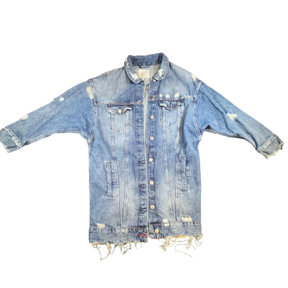 Zara Trafaluc Long Oversized Distressed Denim Jacket With Dropped Shoulder